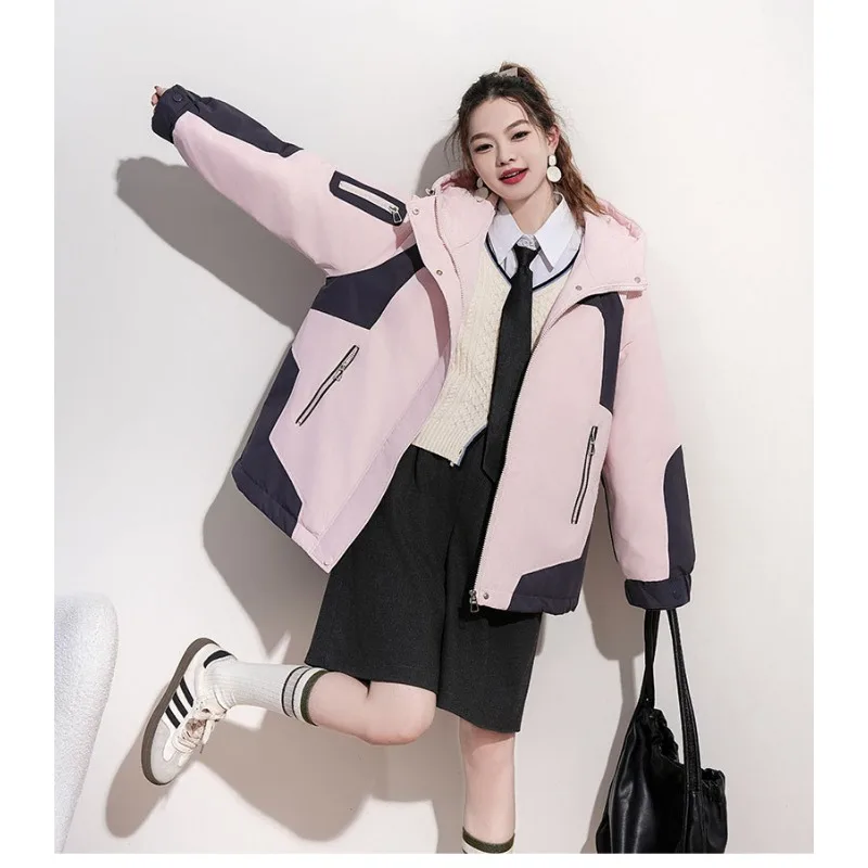 Women Winter Clothing Snowboarding Skiing Jackets Outdoor Warm Cargo Jacket Patchwork Hooded Windproof Outerwear Casual