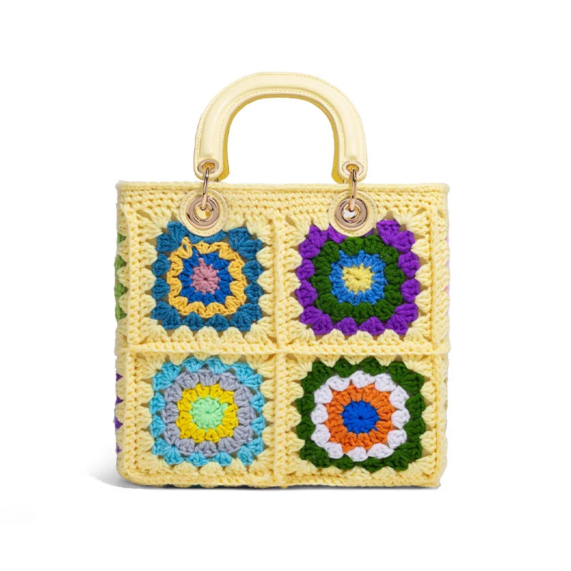 

2025 Bohemian Colourful Square Crochet Women Handbag Fashion Wooden Knitted Hand Bag Handmade Woven Large Tote Big Shopper Purse