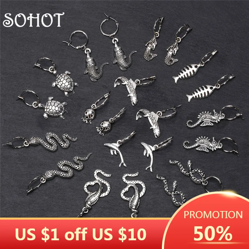 SOHOT Cute Animal Snake Fish Shark Tortoise Mermaid Seahorse Pendant Women Drop Earrings Chic Silver Color Unisex Punk Brincos