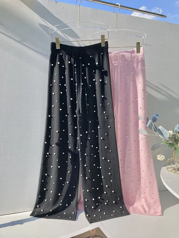 Autumn winter new pearl chic wide leg pants for women high waist loose and lazy style casual Pants