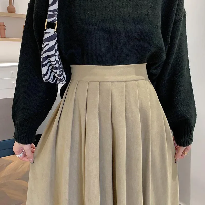 Preppy Stijl Geplooide Rok Voor Vrouwen Herfst Winter Hoge Taille Lange Rokken Vrouw Koreaanse Effen Kleur A Lijn Rokken Vrouw