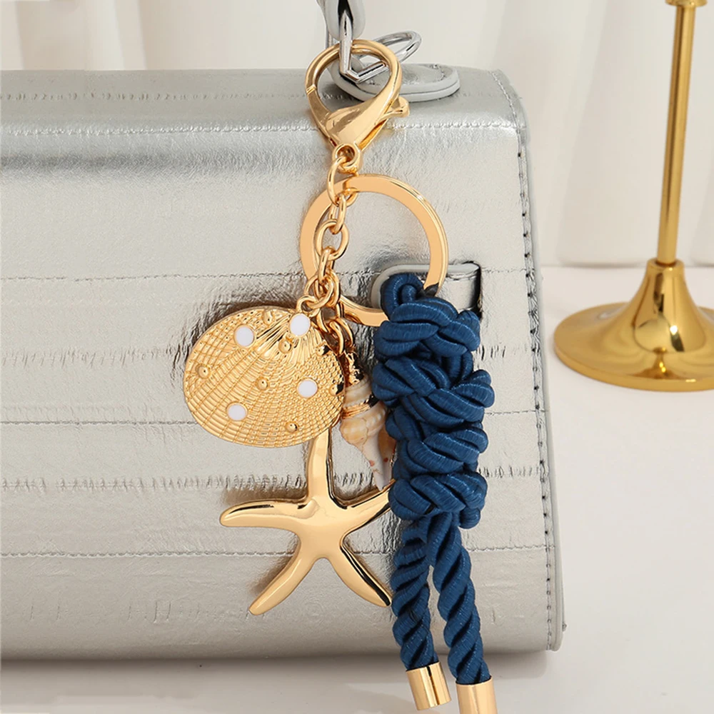 Starfish Gold Bag Charm Keychain for Women Beach Ocean Shell Braided Rope Purse Charms Fashion Bags Handbag Pendant Accessories