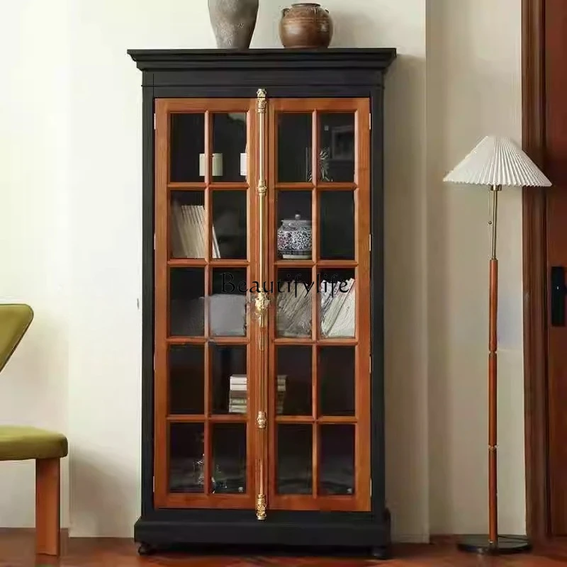 

French retro solid wood Nanyang medieval glass bookcase living room dining side storage cabinet
