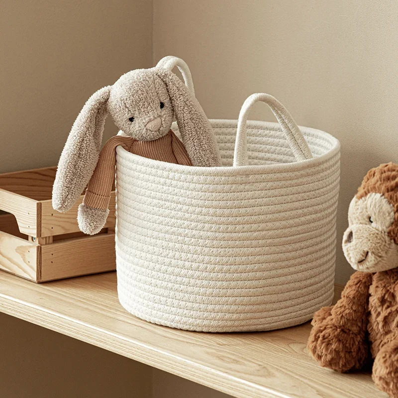 Solid White Home Organization And Storage Baby Children Toy Storage Baskets Cotton Rope Woven Laundry Basket Sundries Organizer