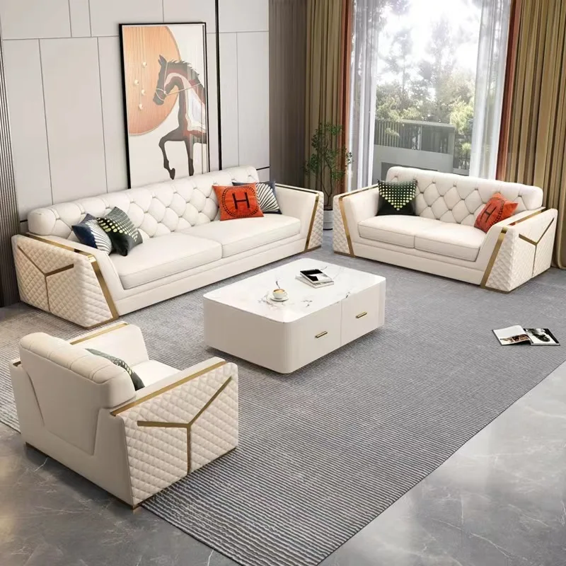 combination villa living room high-end household sofa Italian light luxury leather sofa modern simple American buckle sofa