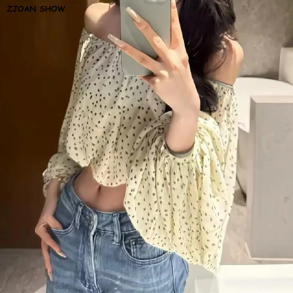 

Женская шифоновая блузка-пуловер с длинным рукавом, свободного кроя, с открытыми плечами, с принтом в горошек, в стиле бохо, цвет сладкий абрикос