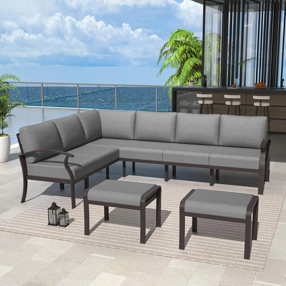 

Комплект мебели для патио, алюминиевый секционный диван из 8 предметов с подлокотником, современный комплект для бесед на открытом воздухе, металлический угловой диван с пумом