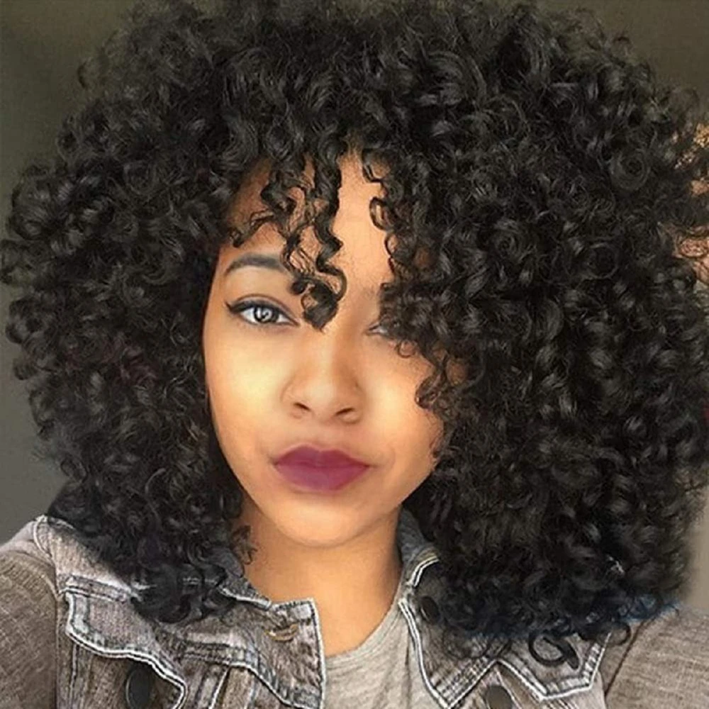 

14 inch Afro Kinky Curly Wigs for Black Women Kinky Curly Wig with Bangs Natural Black Hair Synthetic Heat Resistant Full Wigs