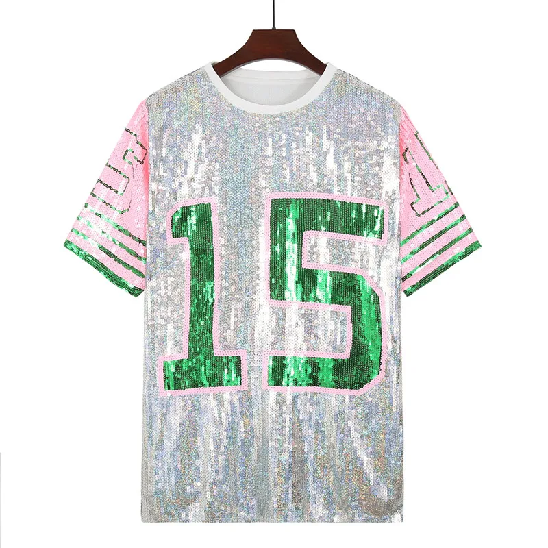 Letnia Nowa Moda Brokatowa Damska Koszulka Casual Prosty Okrągły Dekolt Krótki Rękaw Gorąca Wyprzedaż