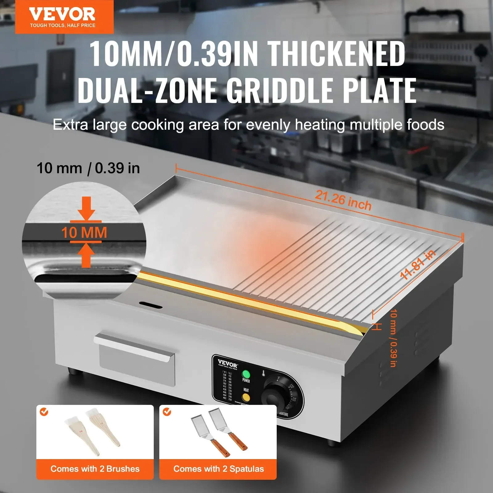 VEVOR Commercial Electric GriddleCountertop Half-Flat Top Grill122℉-572℉ Adjustable Temp Stainless Steel Griddle Grill