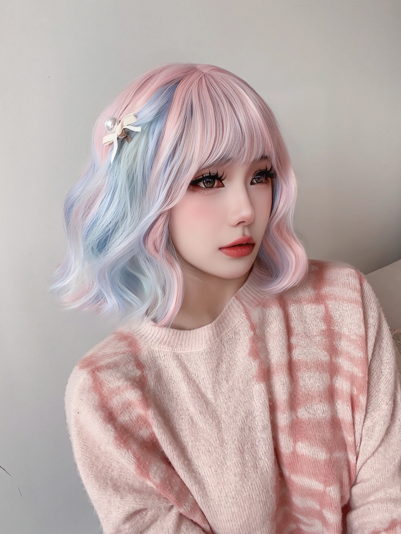 Perucas sintéticas com Franja para mulheres, cor Lolita azul e rosa, cabelo curto ondulado natural, cosplay, resistente ao calor, 12 pol