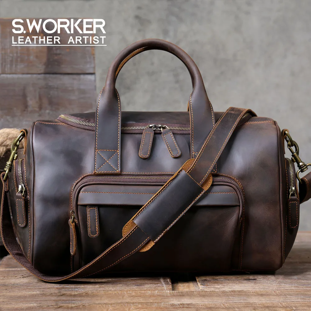 S.WORKER Vintage Echtleder-Reisetasche Crazy Horse Rindsleder-Reisetasche Herren-Weekender-Tasche Sporttasche Handgepäck – Detail 2