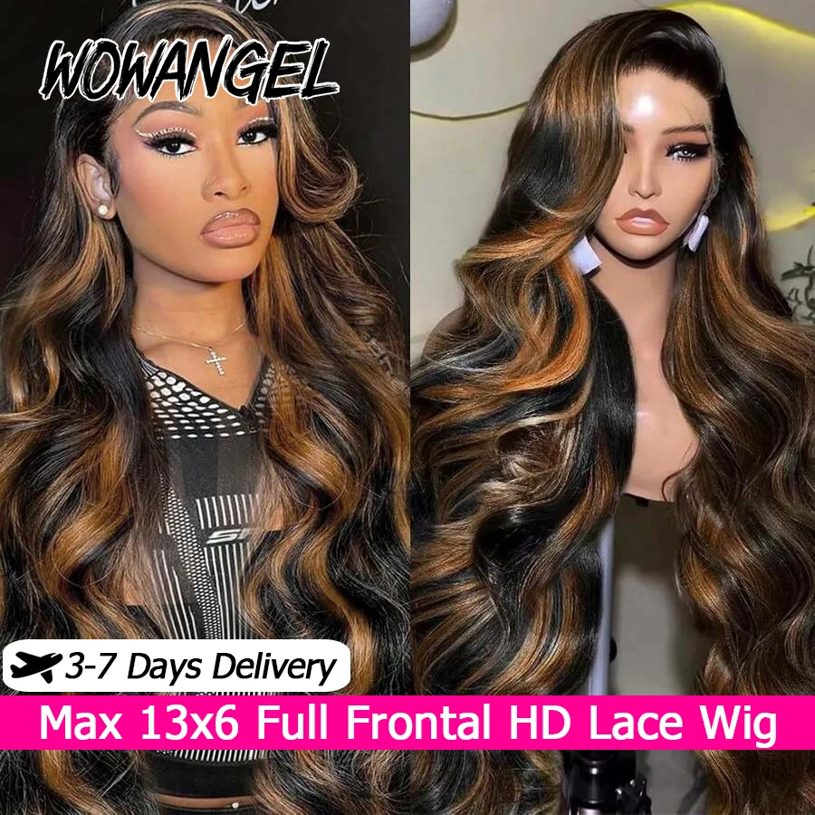 

1B/30 Highlight Body Wave Wig 13x6 HD Парики фронта шнурка 100% человеческие волосы Ombre Коричневый цвет Полный фронтальный парик Предварительно выщипанный для женщин