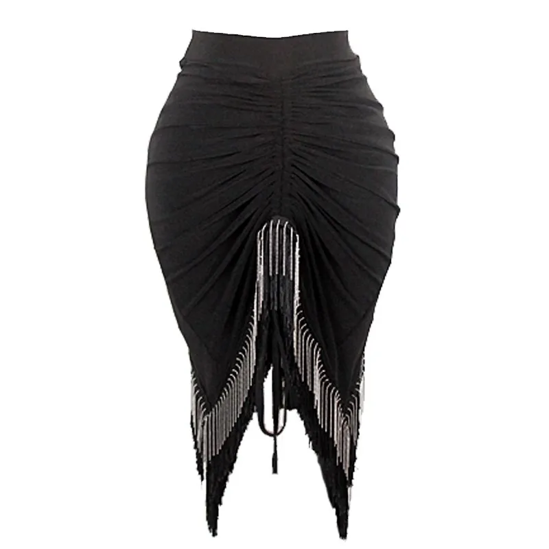 Latin Dance Skirt Women Slim Drawstring Fringe Black Skirt Rumba Samba Salsa Tango Performance Wear Practice Clothes DNV18800