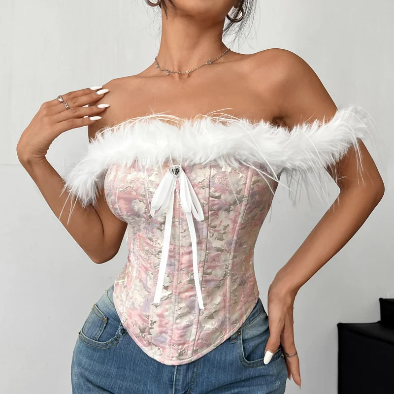 

Autumn Winter Women's Christmas Patchwork Wool Off-Shoulder Tube Top Waist-Cinching Fishbone Diamond Small Vest
