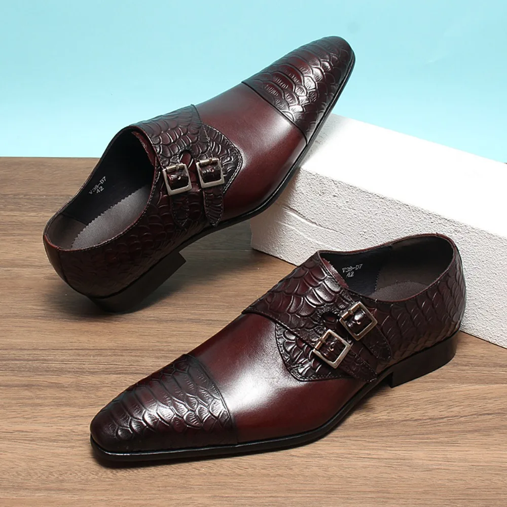 Classic Retro Dress Men's Monk Leather Shoes with Pointed Toe Buckle Business Office Wedding Comfortable Men's Oxfords Shoes