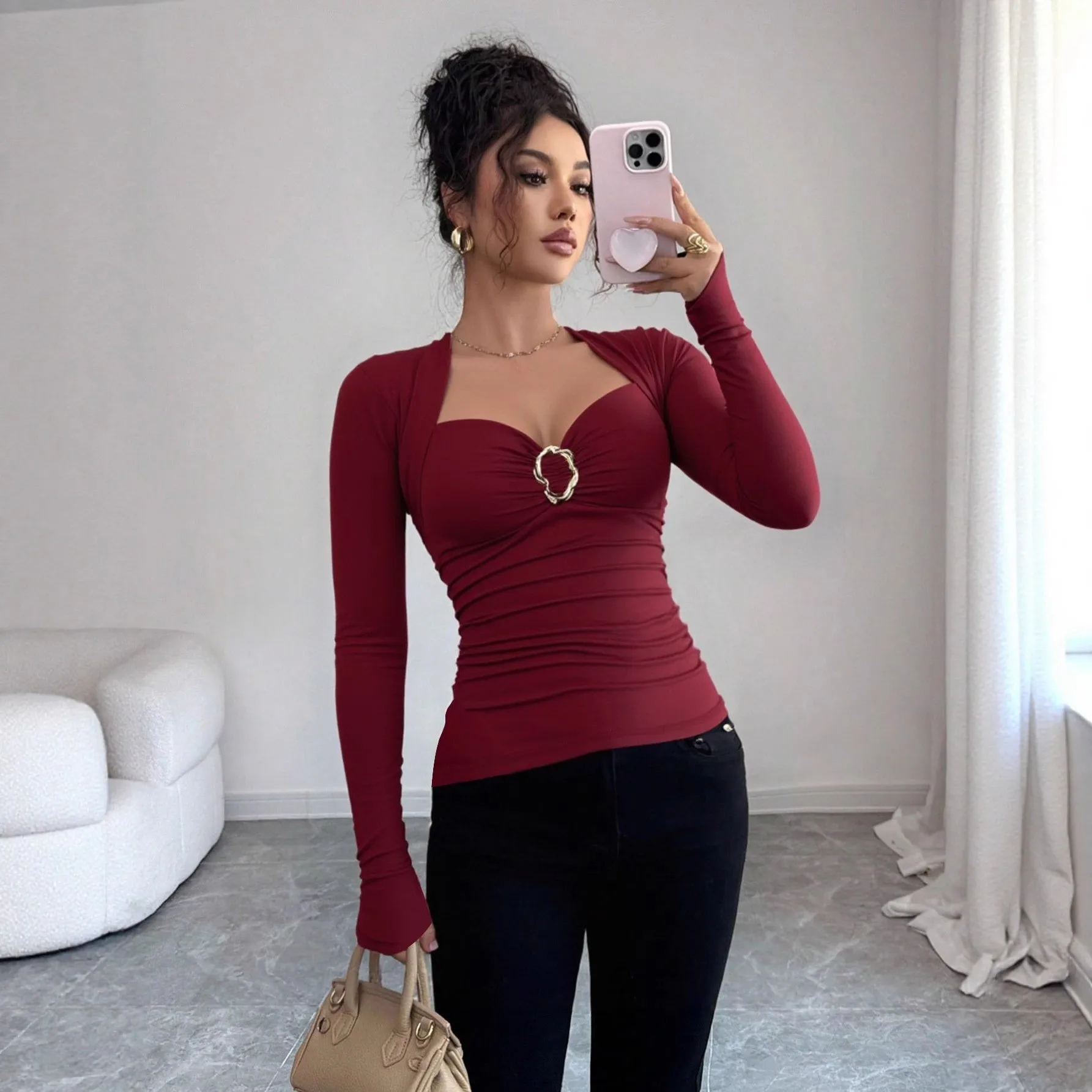 Elegant Slim Fit Ruffle Sweetheart Neck Blouse Bodysuit Body Femmes Bodysuits & One Pieces Solid Color Pullover Metal Detail