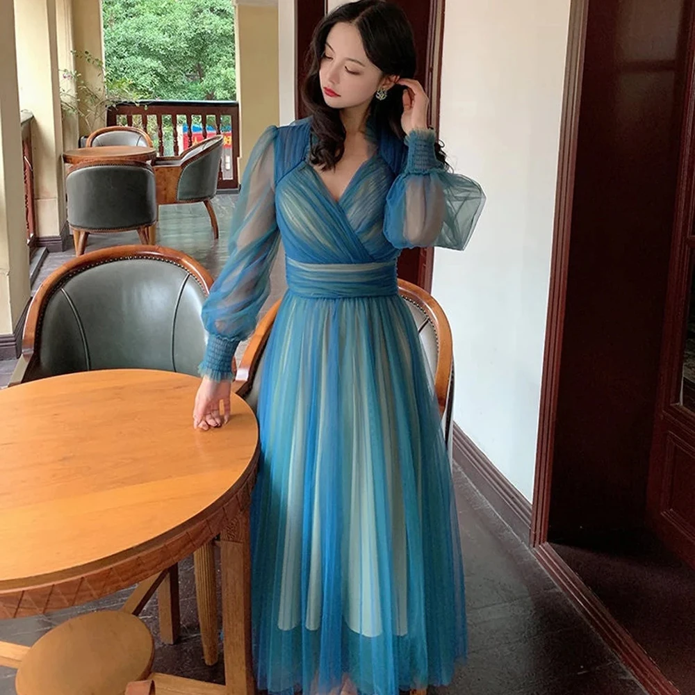 

Customized Sky Blue Tulle Fashion Evening Dress Draped Full Sleeves V-neck Criss-Cross A-line Tea-Length Formal Party Prom Gowns