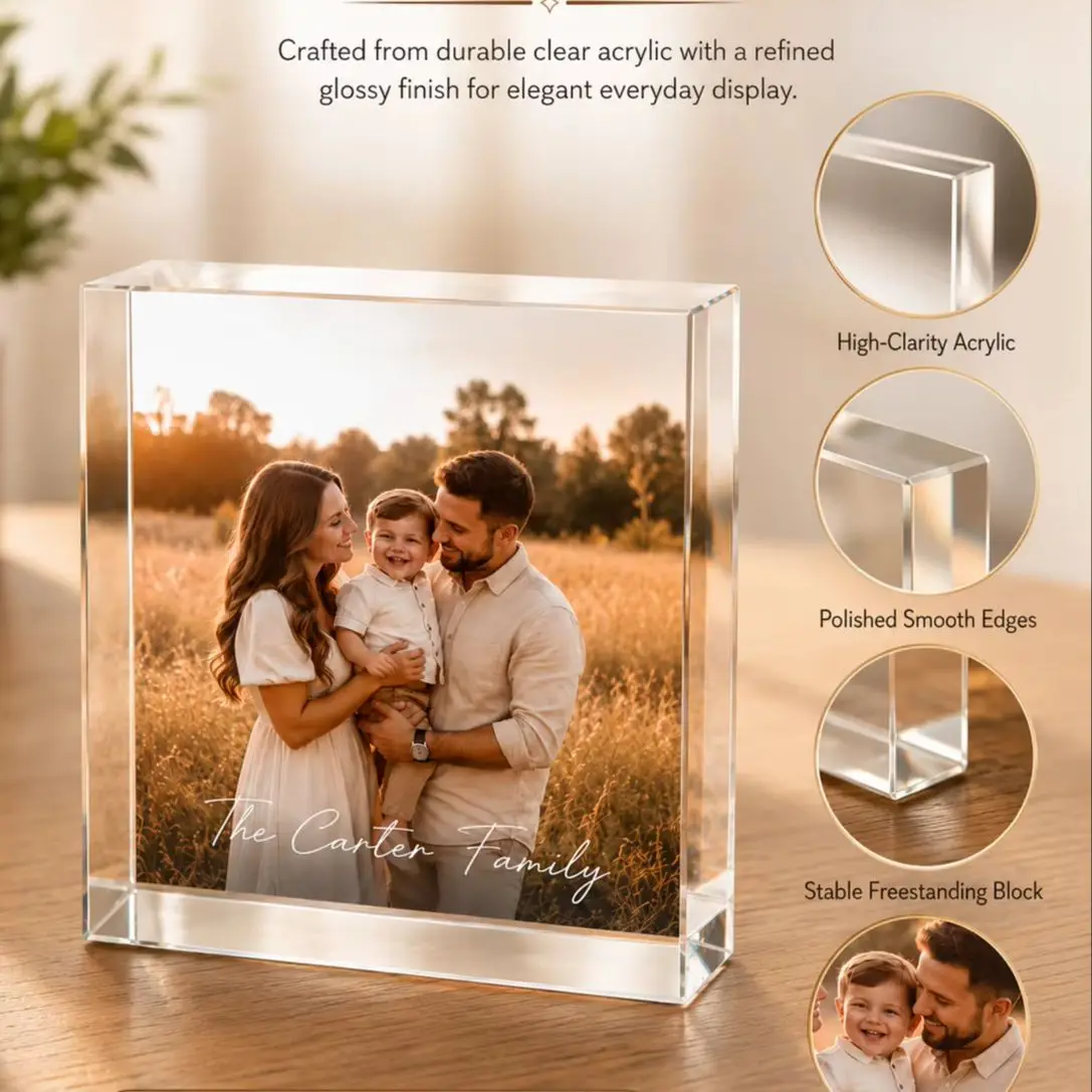 Bloc photo familial personnalisé en acrylique, cadre personnalisé avec image, nom et date, impression haute résolution, cadeau de décoration pour anniversaire, mariage ou maison