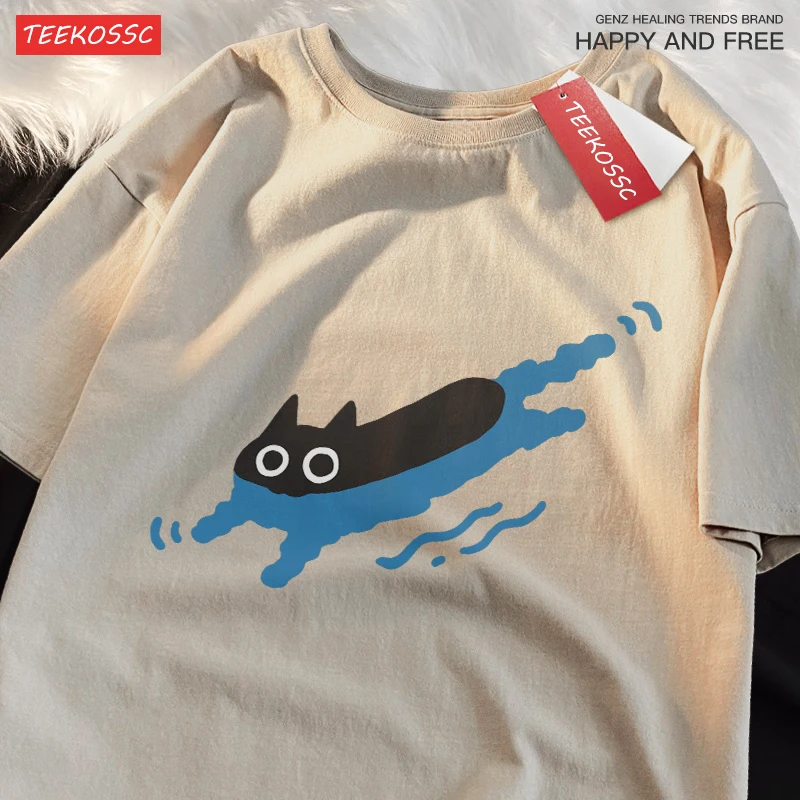 Paar Tees Schwimmen Schwarze Katze Tauchen Schulter Kurzarm T-shirt Für Männer Frauen Atmungsaktive Casual Reine Baumwolle Lose Kleidung