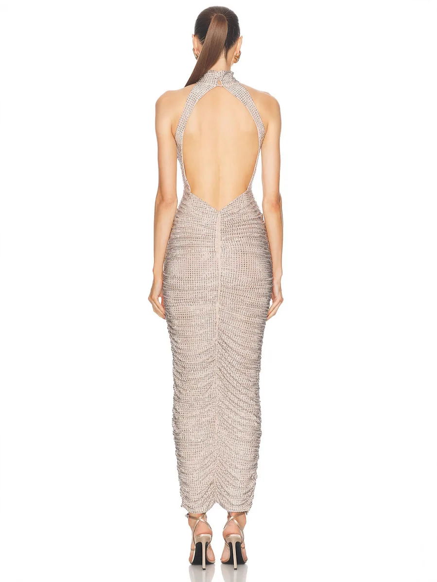 Women Sexy Halter Backless Diamonds Shirring Long Bodycon Gowns Dress 2024 Celebrity Luxury Elegant Evening Club Party Dress