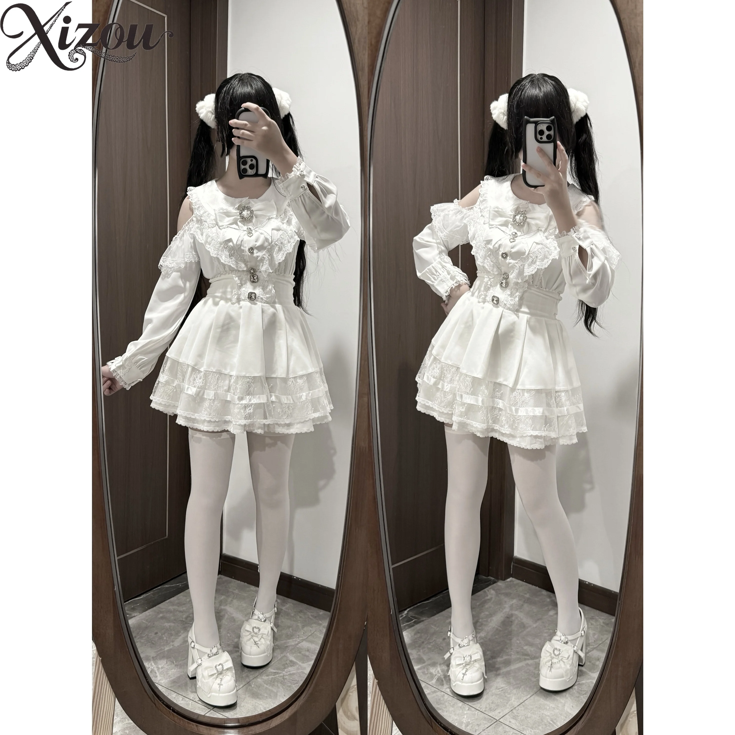 Kawaii-Rock mit hoher Taille, Mine-Serie, in Massenform, japanischer Lolita-Stil, vielseitige Spitze, Spleißen, Sommer, lässige Miniröcke