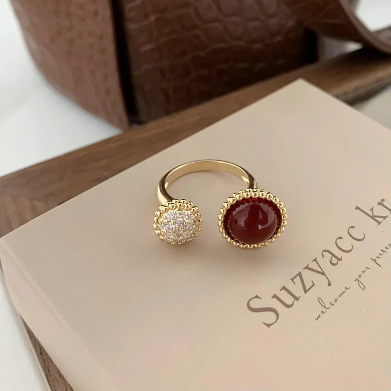 Light Luxury Elegant Temperament Red Zircon Circle Opening Rings For Women Fashion Simple Jewelry Party Gifts