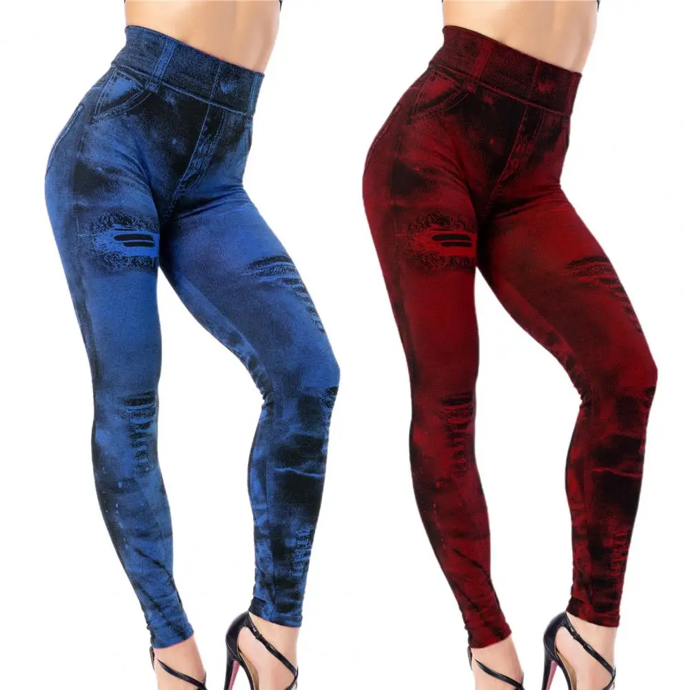 Yoga Pants  Trendy Women Ripped Holes Print Faux Denim Jeans  Breathable Imitation Jeans Leggings