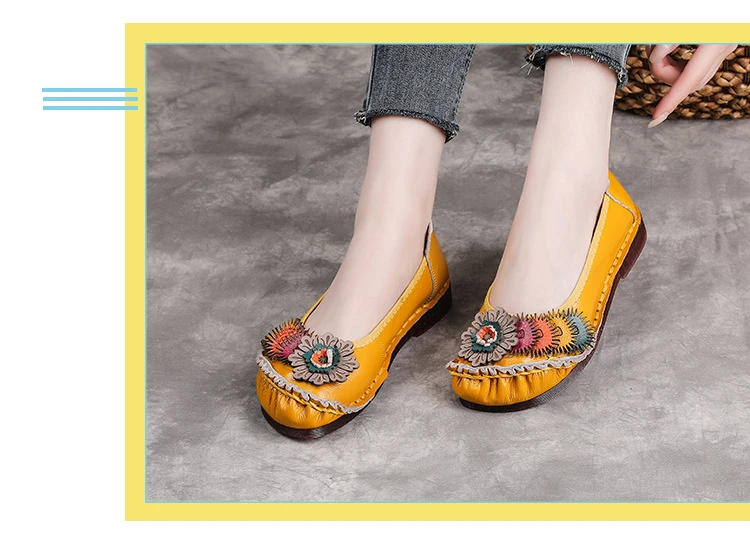 Neue handgefertigte Ballerinas aus echtem Leder für Damen mit Blumenapplikation, ethnische flache Schuhe für Damen, Vintage-Slip-On-Flats, Damen-Mokassins – Detail 15
