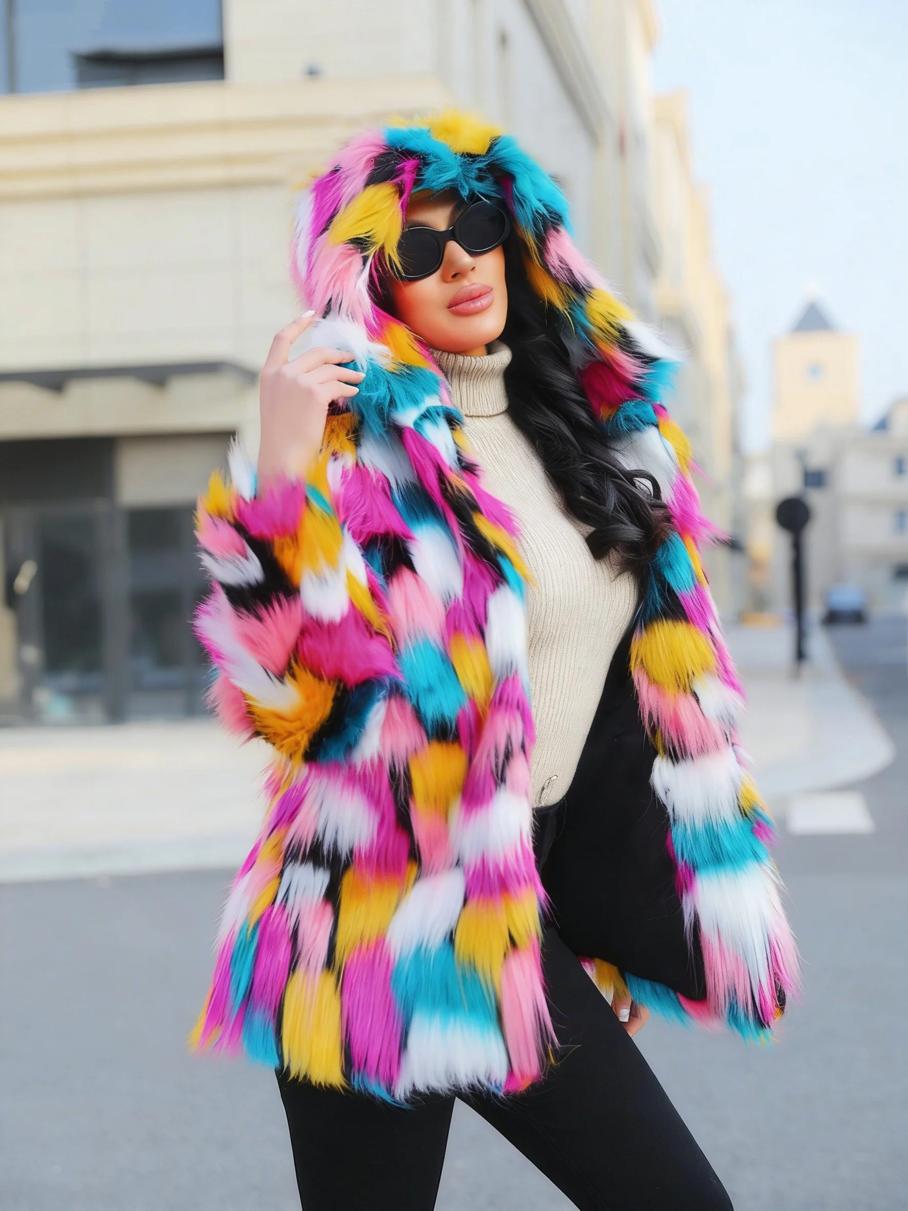 Chaqueta de piel sintética cálida y atrevida para mujer, abrigo grueso con capucha y botón oculto, informal, holgado, suave, franjas de diferente Color, prendas de vestir, abrigo elegante de invierno