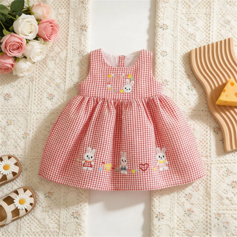 Sweet Cute Rabbit Children Clothes Summer Baby Girls Lattice Sleeveless Dress 0-4 Years Old Newborn Soft Costume Toddler Wear
