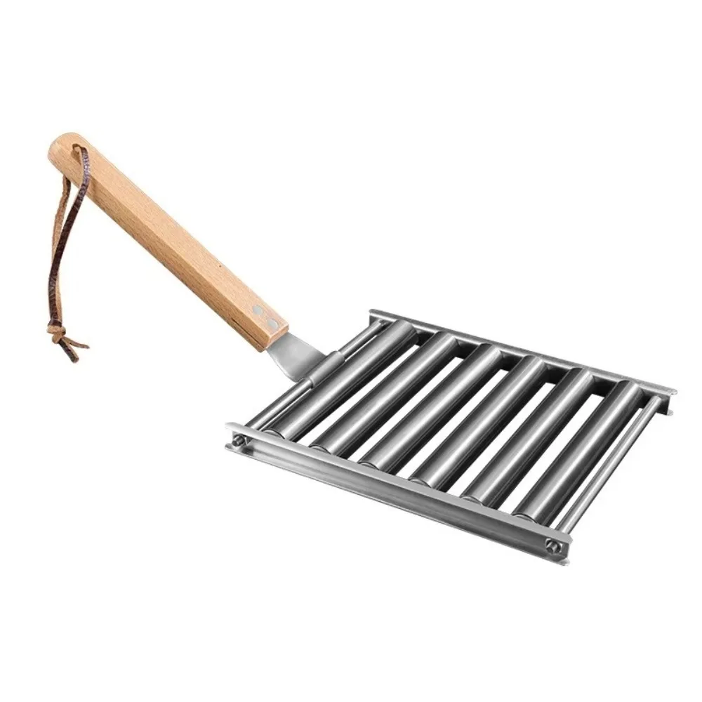 

Portable Hot Dog Roller Rack Stainless Steel Non-Stick BBQ Sausage Grill Pan with Long Wood Handle BBQ Grill Brackets