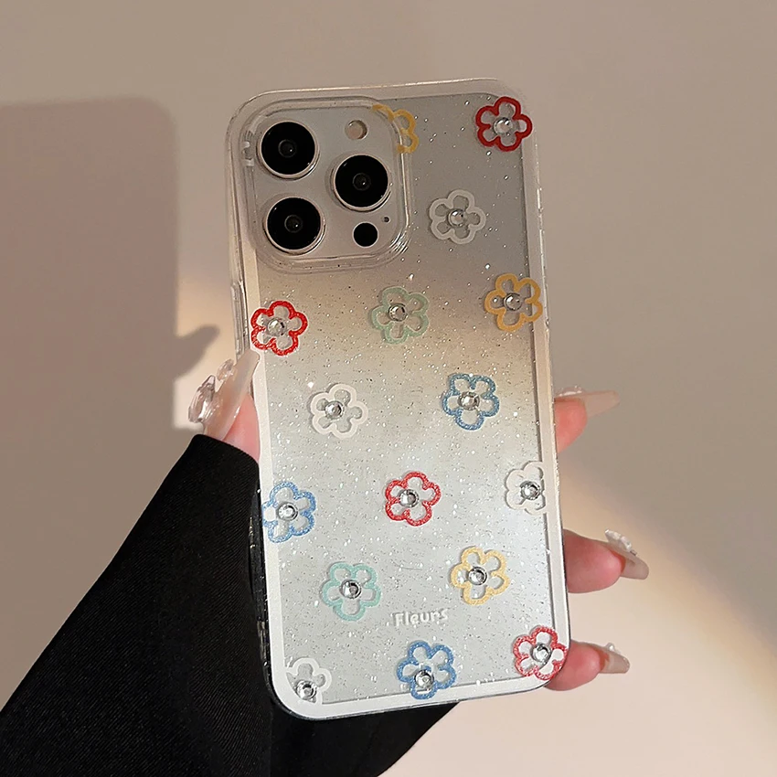 컬러풀 플라워 폰 케이스 아이폰 16 15 14 13 프로 12 11 맥스 플러스 16프로 글리터 장식 폰 케이스 글리터 15프로맥스 커버