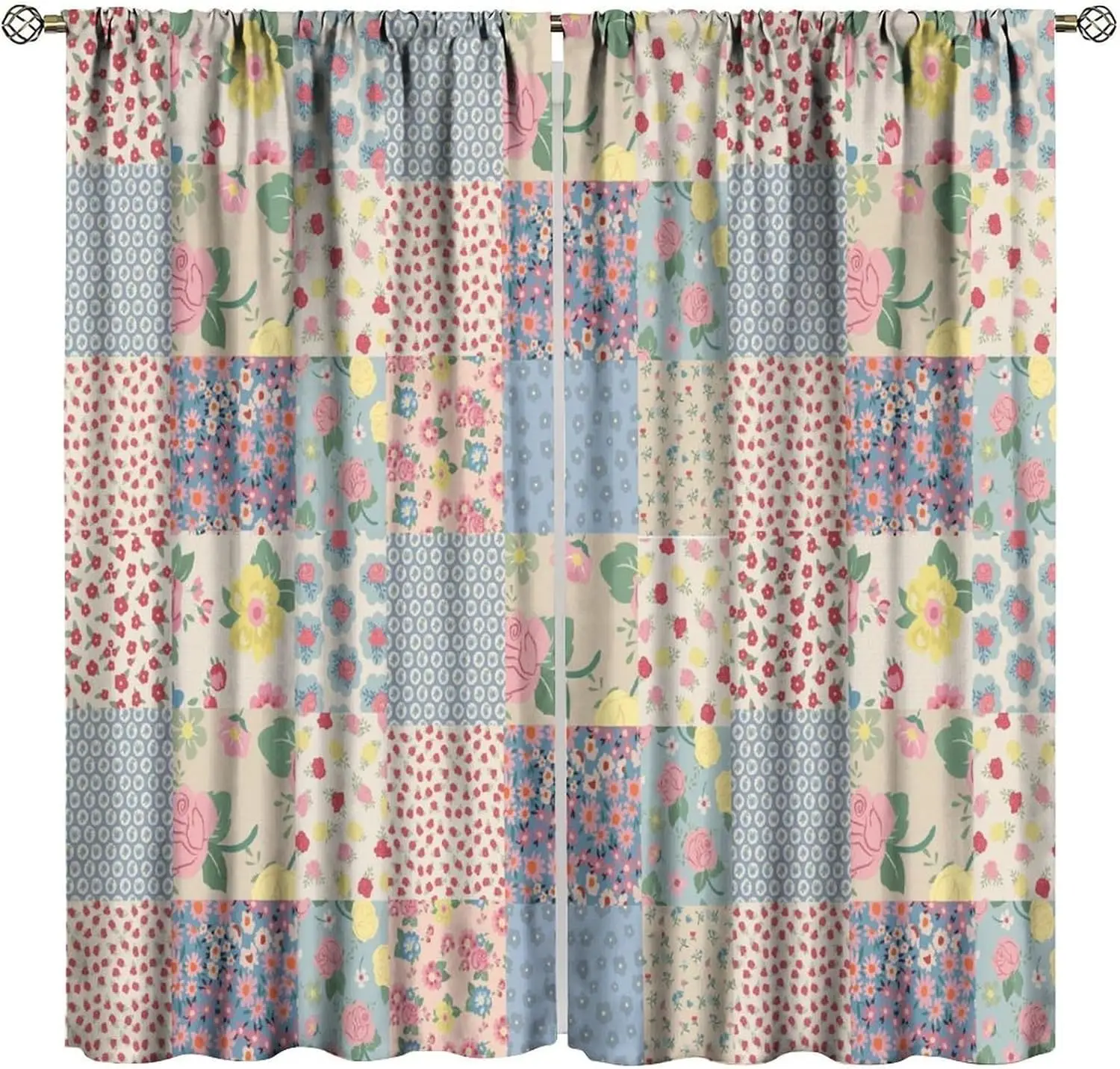 Boho Patchwork Curtains,Farmhouse Vintage Bohemian Floral Colorful Pink Rose Pattern Decor Rod Pocket Window Drapes for Bedroom