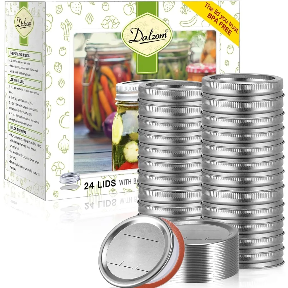 

24Pcs Canning Lids with 24Pcs Rings Wide Mouth, Premium Mason Jar Lids with Bands/Rings for Ball, Kerr Jars - Food Grade Material, 100% Fit & Airtight for Wide Mouth Mason Jars
