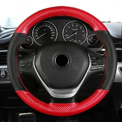 38cm Universal Steering Wheel Braid Cover Red Carbon Fiber + Black Perforated Leather Splice Covers Auto Interior Accessories