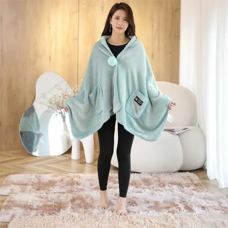 2025 new solid color multi-functional shawl blanket lamb wool winter thickened warm blanket flannel lunch break blanket