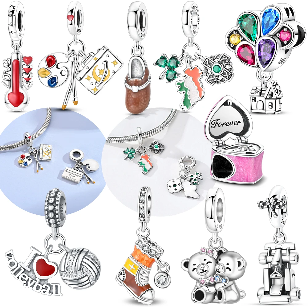 Bear Karting Pendant Hot Air Balloon Volleyball Pendant Original 925 Silver Beads Fit Bracelet Diy Jewelry Fine Gift Making