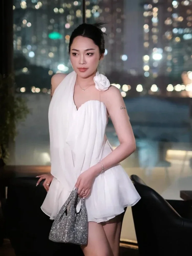 2025 Women White Skirt Two Piece Set Sexy Flower Halter Neck Top + A-line Mini Dresses Suits Evening Party Cocktail Clubwear