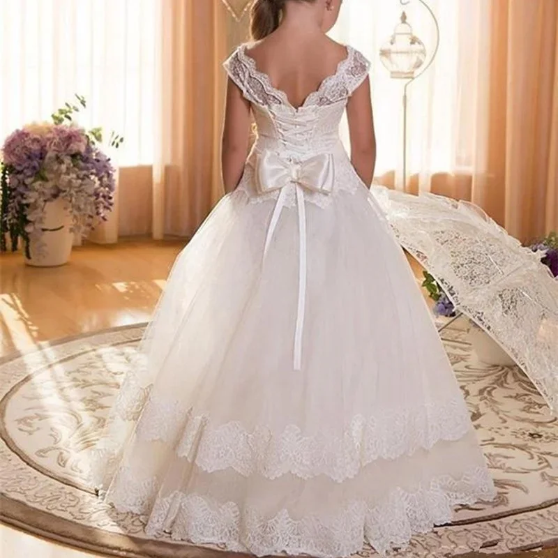 

First Communion Dresses For Girls Scoop Backless Appliques Flower Girls Dress Bows Tulle Ball Gown Pageant Dresses For Girls