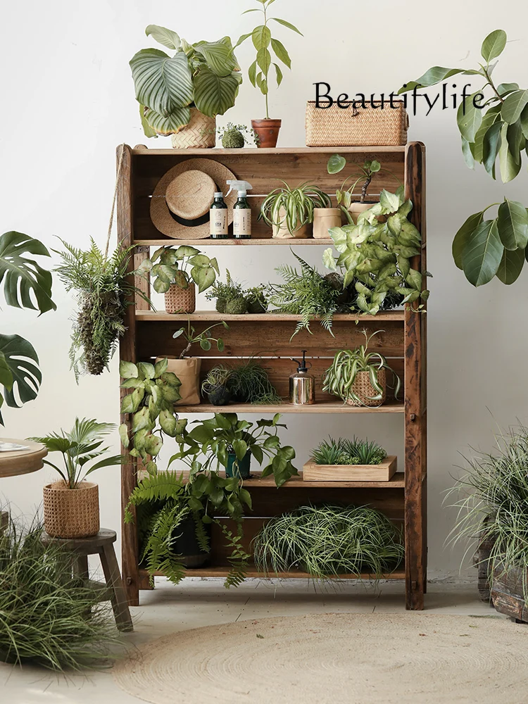 

Old Pine Three-Tier Floor-Standing Bookcase Living Room Retro Solid Wood Display Cabinet