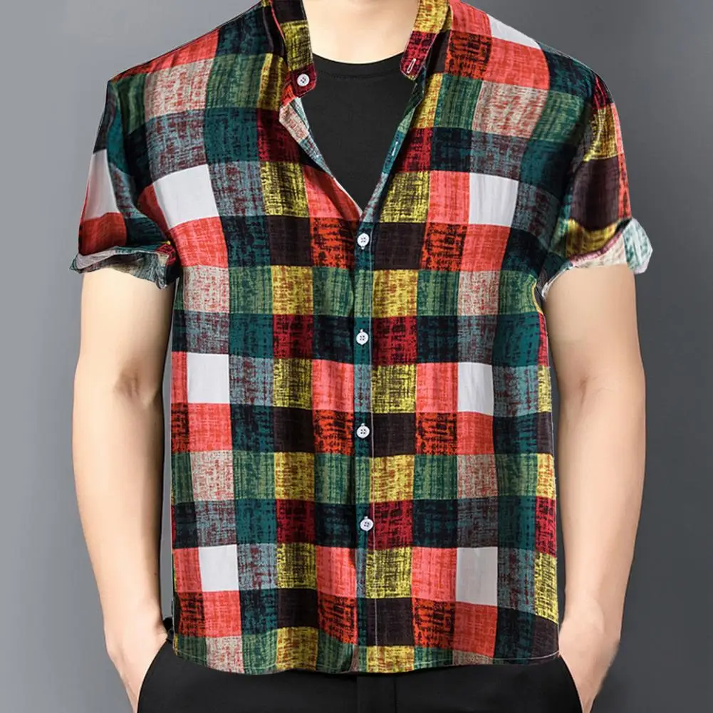 Plaid Printed Plus Size Men Shirt Short Sleeve Stand Collar Buttons Closure Men Summer Shirt