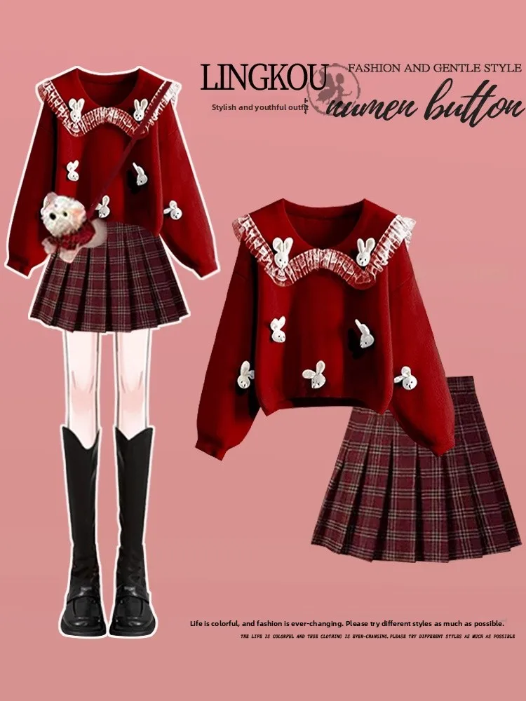 

Christmas Red Plaid Knitted Sweater And Short Skirt Set for Women Anti-Aging College Style Two-Piece Suit Casual Fashion