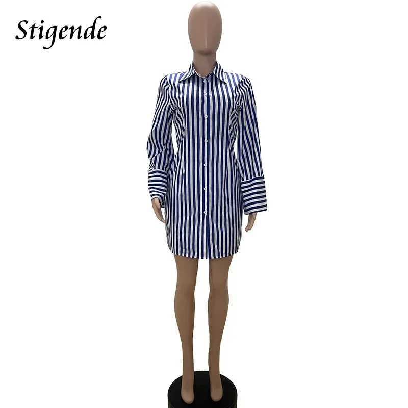 Stigende Women Full Button Striped Mini Shirt Dress Long Sleeve Single Breasted Dress Turn Down Collar Loose Fit Short Dress