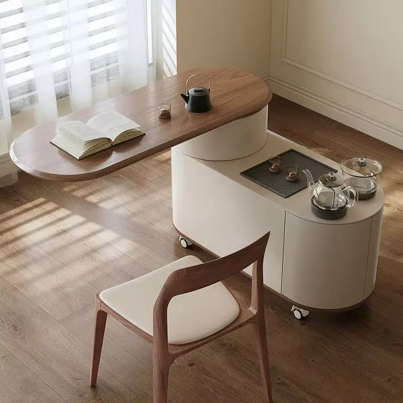 Movable walnut coffee table, integrated tea table, solid wood rotating tea table