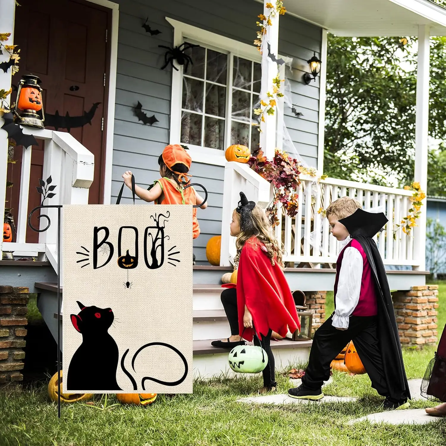 Halloween Garden Flag Black Cat Boo Double Sided Vertical 12 x 18 Inch Burlap Spooky Rustic Farmhouse Decor for Outdoor Holi SSL