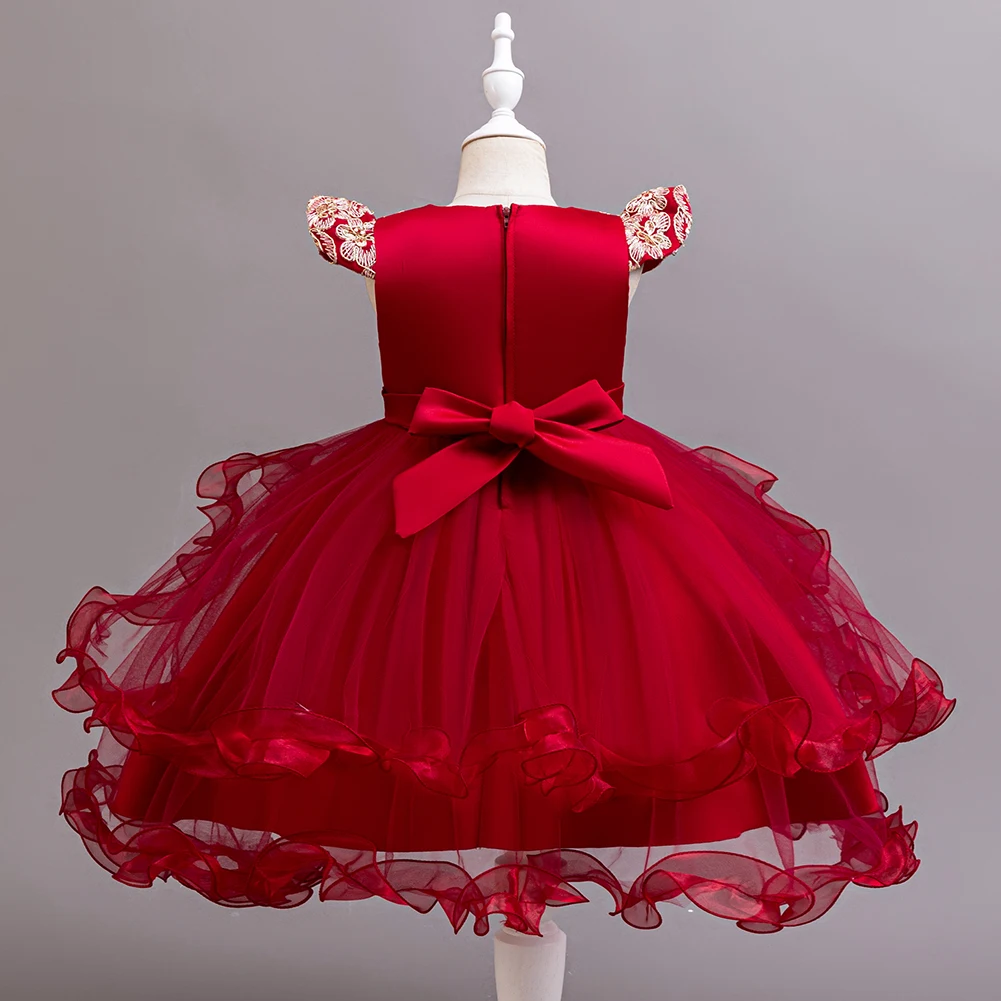 Girls' Embroidered Wedding Dress, Princess Stage Performance Gown with Sequin Bow, Short Sleeve, Regular Fit, All-Season, Party 2