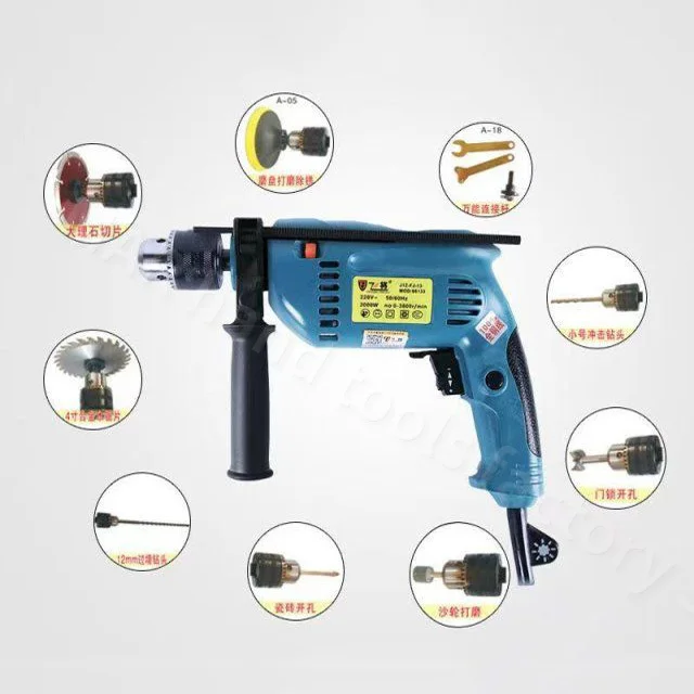 Perceuse électrique, perceuse à percussion portative, pistolets de forage plat, 220V 2000W 3800RPM, perceuse multifonctionnelle à vitesse réglable