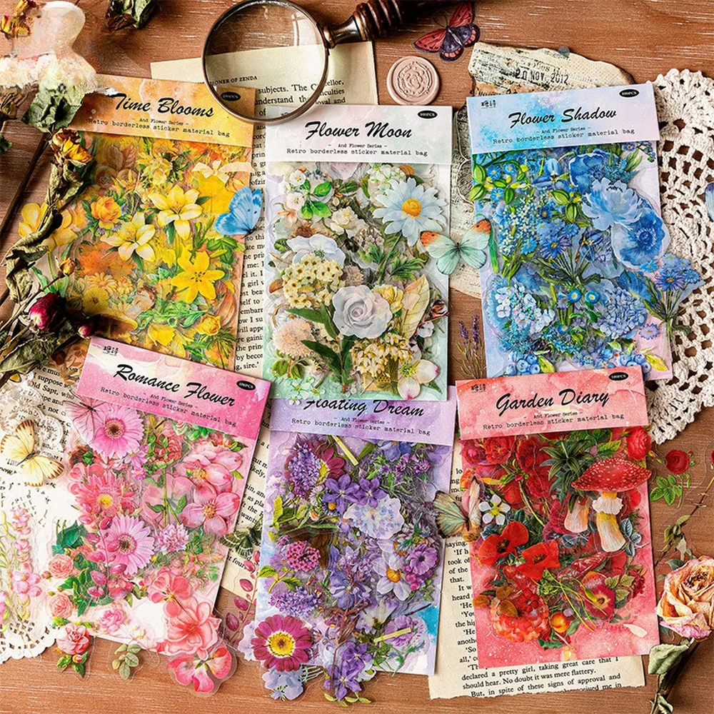 6 Styles 100Pcs/Bag Vintage Botanical Stickers Aesthetic Flowers Hand Account Material Decorative Stationery Sticker