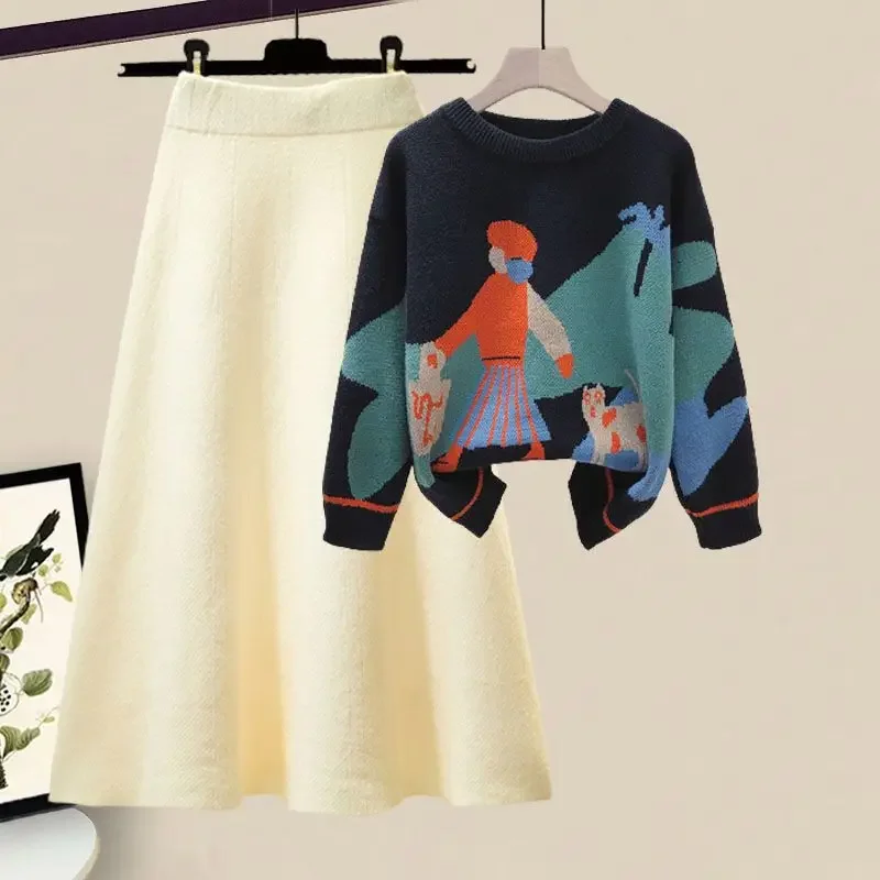 DAYIFUN Autumn Winter Sets Women's 2023 New Round Neck Sweater and Knitted Half Skirt Two Piece Sets Lady Lazy Style Dress Sets